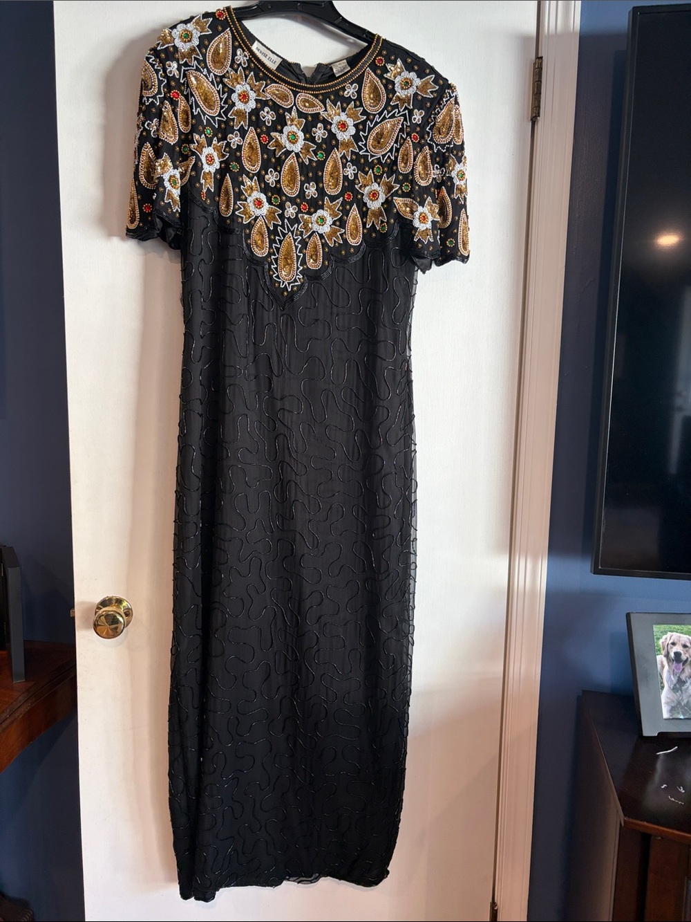 Vintage Denise Elle Beaded Silk Maxi Gown Dress Gold Sequin Floral Bib PXL TLC